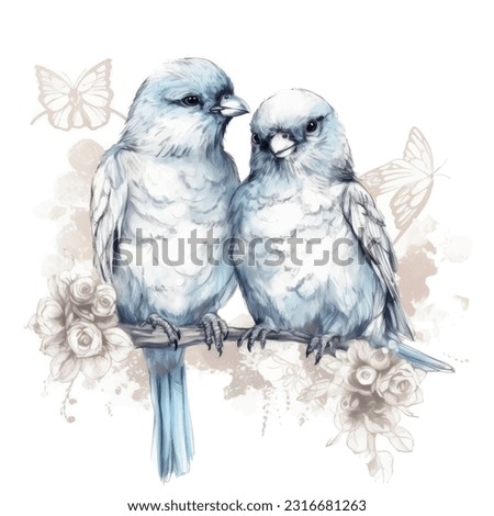 Watercolor illustration wedding bird pigeon couple married with flowers colorful isolated on white background.
