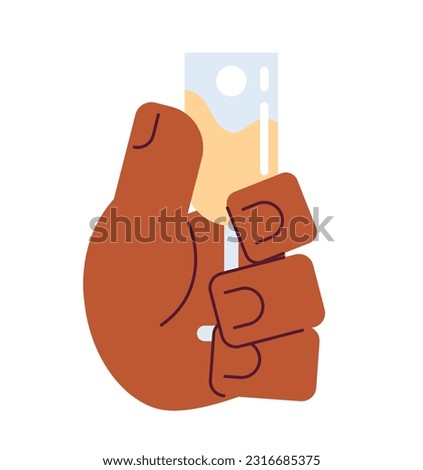 African american hand holding champagne glass semi flat colorful vector hand. Wedding party. Editable pov closeup clip art on white. Simple cartoon spot illustration for web graphic design