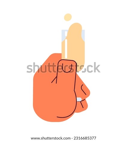 Sparkling wine glass tasting semi flat colorful vector hand. Hand holding champagne flute. Editable pov closeup clip art on white. Simple cartoon spot illustration for web graphic design
