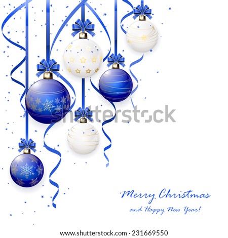 Blue and white Christmas balls with bow, tinsel and confetti, illustration.