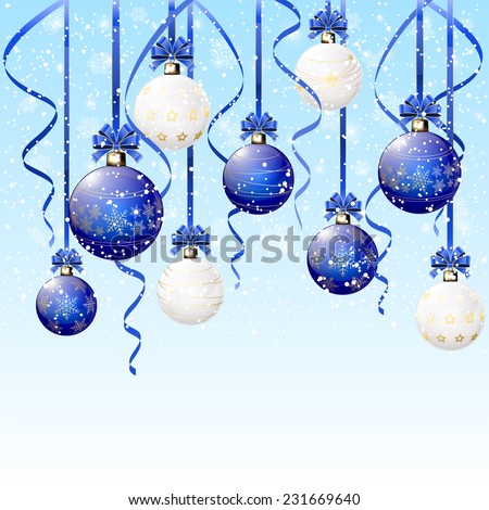 Blue and white Christmas balls with tinsel on snowy background, illustration.