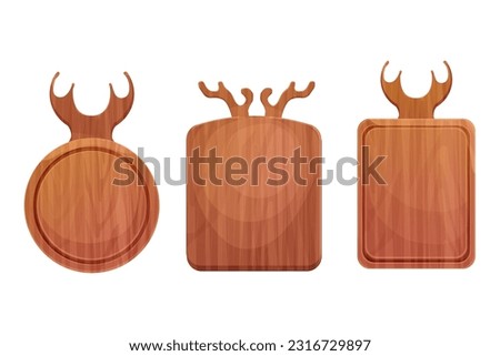 Cutting board wooden chopping desk top view in cartoon style isolated on white background. Wood shield, menu mockup