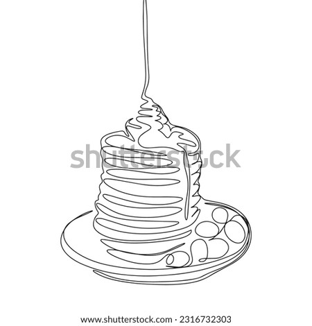 Continuous one line drawing pancakes with jam. Panckakes vector hand drawn silhouette clipart. Sketch isolated on white background