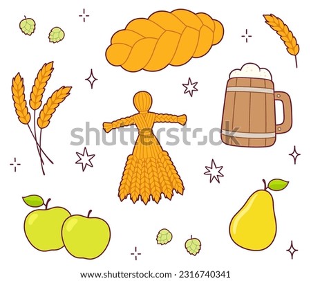 Lughnasadh (Lammas) traditional harvest festival celebration doodle set. Bread, beer, fruit, wheat corn dolly. Cute cartoon drawing, vector clip art illustration.