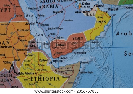 Close up of Yemen on world map Royalty-Free Stock Photo #2316757833