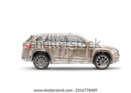 SUV covered in foam and soap for car wash isolated on white background Royalty-Free Stock Photo #2316778409