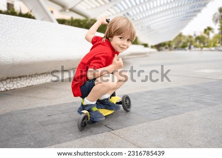 Child on kick scooter in park. Kids learn to skate roller board. Little boy skating on sunny summer day. Outdoor activity for children on safe residential street. Active sport for preschool kid