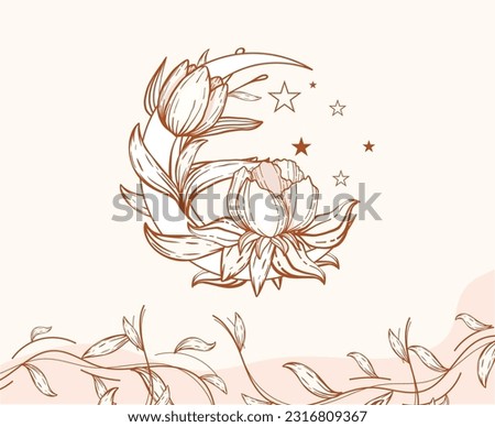 Hand drawn vector floral frame in line art retro style