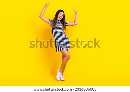 Full body size photo of attractive youngster chinese woman dancing summertime chill have fun relax isolated on yellow color background
