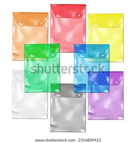 Clear plastic envelope bag with snap buttons, color vector set. Vertical document case. Colour transparent PVC file holder realistic illustration Royalty-Free Stock Photo #2316839423