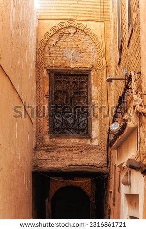 A typical narrow alley in Marrakesh Medina, Morocco, North Africa