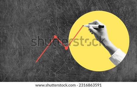 Art collage, Hand with marker draws upward arrow, stock market, stocks go up. Poster study businessmen picture chart arrow goes up there is capital budget profit