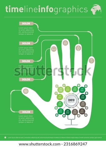 Visual concept. Infographic of technology or education process with 12 parts. Infographics with human hand silhouette on green background.