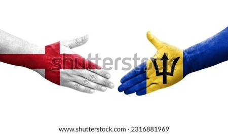 Handshake between Barbados and England flags painted on hands, isolated transparent image.