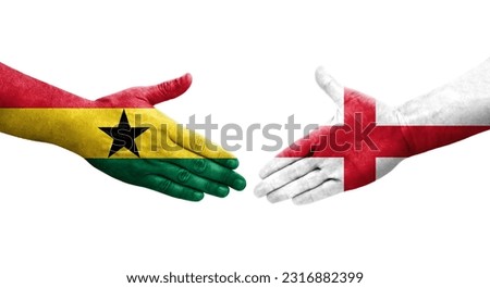 Handshake between England and Ghana flags painted on hands, isolated transparent image.