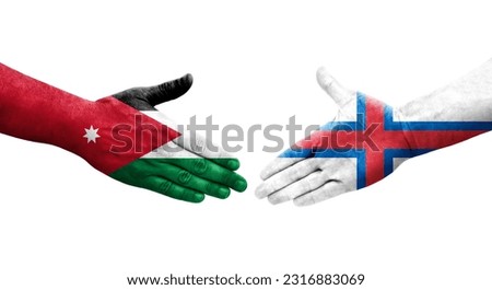 Handshake between Faroe Islands and Jordan flags painted on hands, isolated transparent image.