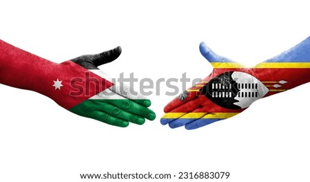 Handshake between Eswatini and Jordan flags painted on hands, isolated transparent image.