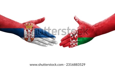 Handshake between Belarus and Serbia flags painted on hands, isolated transparent image.