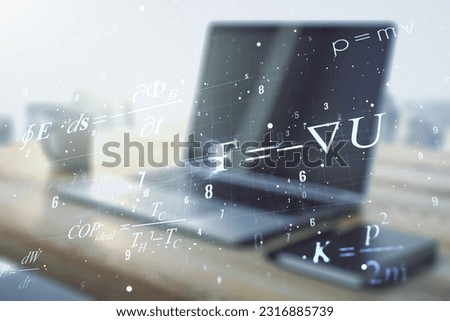 Double exposure of creative scientific formula concept and modern desktop with laptop on background, research and development concept