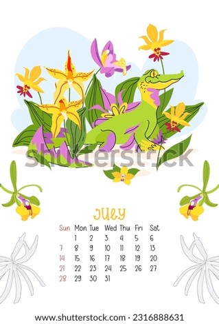 Vertical page calendar for July 2024 with orchid green dragon. The symbol of the year of dragon. Week starts on Sunday. Vector illustration cartoon style