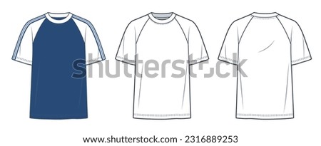 Tee Shirt fashion flat technical drawing template. Raglan Sleeve T Shirt technical fashion Illustration, overfit,  front and back view, white, blue, women, men, unisex CAD mockup set. Royalty-Free Stock Photo #2316889253