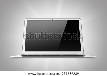 Three-dimensional illustration of a open laptop isolated on a gray background