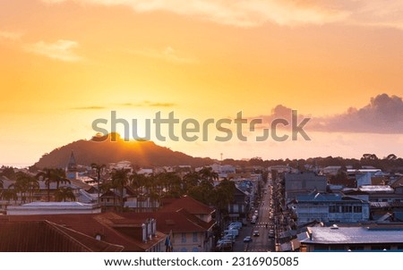 Sunrise on Cayenne, French Guiana, avenue De Gaulle, high point of view Royalty-Free Stock Photo #2316905085
