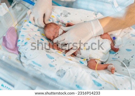 Unrecognizable hand in gloves of nurse or doctor taking care of premature baby placed in a medical incubator. Neonatal intensive care unit in hospital. Royalty-Free Stock Photo #2316914233