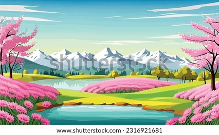 Nature and landscape. Vector illustration of trees, forest, mountains, flowers, plants, field. Picture for background, postcard or cover. spring season background