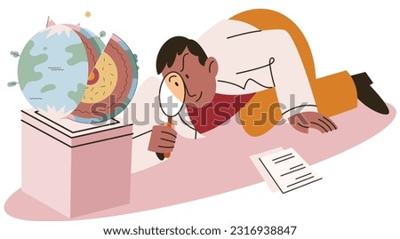 Scientist studying earth layers, examines section of globe with magnifying glass. Core, mantle, crust and lithosphere geological examination and inner section structure exploration with planet model Royalty-Free Stock Photo #2316938847