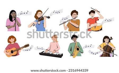 People playing musical instruments vector illustrations set. Large flat vector set of musicians playing synth, saxophone, flute, violin, cello and guitar, drum, singing person.  Royalty-Free Stock Photo #2316944339