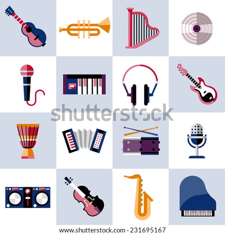 Musical instruments icons set with guitar trumpet harp vinyl isolated vector illustration.