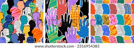 Colorful diverse people crowd abstract art seamless pattern set. Multi-ethnic community, big cultural diversity group background illustration collection in modern collage painting style. Royalty-Free Stock Photo #2316954383