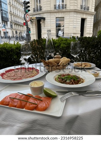 Variety of dishes on the table in Paris, France