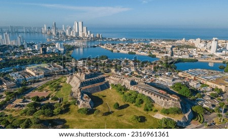 Aerial view of the castle of San Felipe and in the background the city of Cartagena, Colombia