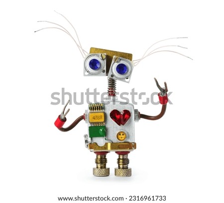Funny robot toy with red heart. Friendly comical mechanical toy character.