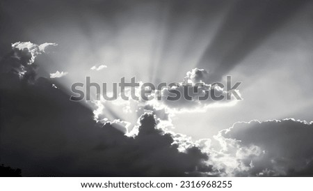 a photo of the sun shining through clouds, Shutterstock contest winner, rayonism, god rays, volumetric lighting, sunrays shine upon it Royalty-Free Stock Photo #2316968255