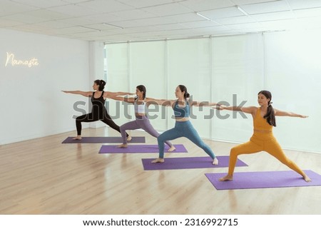 A group of women in yoga class doing the warrior pose Royalty-Free Stock Photo #2316992715