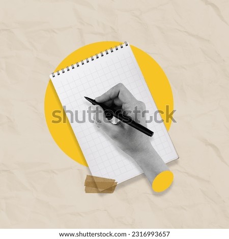 
conceptual image, hand with pen and paper, creation of history, contemporary collage art, photo collage, hand writing, hand with notebook, creating ideas Royalty-Free Stock Photo #2316993657