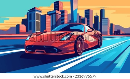 Red luxury sports car running at high speed on a downtown city road. Automotive vector illustration. Royalty-Free Stock Photo #2316995579