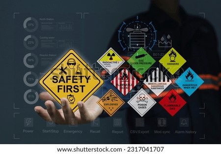 Working with machinery and hazardous chemicals must be safe and wear personal protective equipment. Safety first warning sign and hazardous chemicals in industrial plant in virtual control dashboard