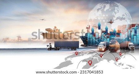Global business of Container Cargo freight train for Business logistics concept, Air cargo trucking, Rail transportation with Big data visualization graphic graph and chart information business