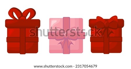 Gift boxes with ribbons bows set. Present for birthday, Christmas, Valentine day. Vector illustration