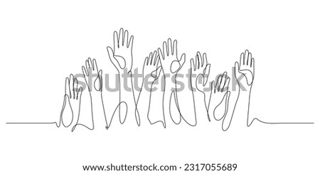 hands up, raised up volunteering,audiences and teamwork continuous line drawing vector illustration