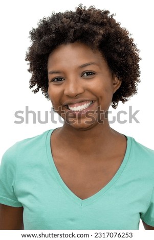 Passport photo of laughing african american young adult woman with curly hair isolated on white background for cut out