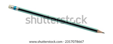 Blue pencil isolated on white background close up