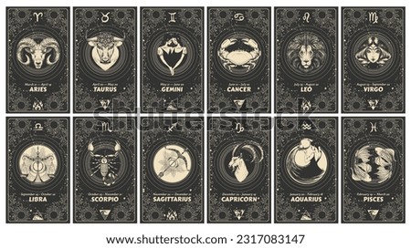 Set of 12 astrology cards with zodiac signs, horoscope, tarot, fortune teller. Vintage engraving, mystical  illustration on black background, outline hand drawing, magical esoteric banner