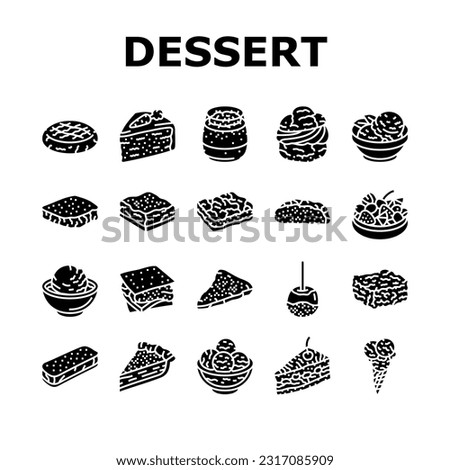 food dessert snack menu icons set vector. sweet drink, meal eat, donut cream, cupcake tasty, cake cafe, restaurant delicious food dessert snack menu glyph pictogram Illustrations