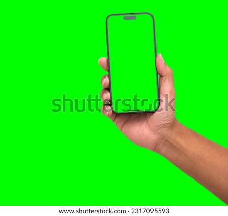 Hand holding phone with smartphone blank screen and modern frameless , hold Mobile phone on transparent background Ideal for marketing 