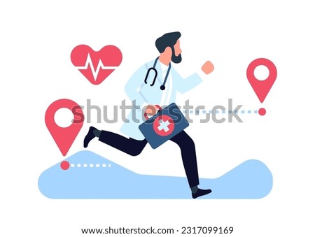 Urgent medical care. Doctor rushes to patients aid. Hurrying paramedic specialist. Physician running with stethoscope and medic kit bag. Professional cardiology help Royalty-Free Stock Photo #2317099169
